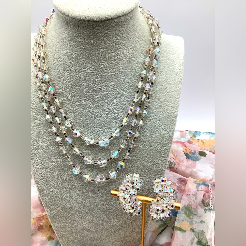 😎50%off Vintage Austrian Crystal  Layered Necklace and Clip Earrings #5SET